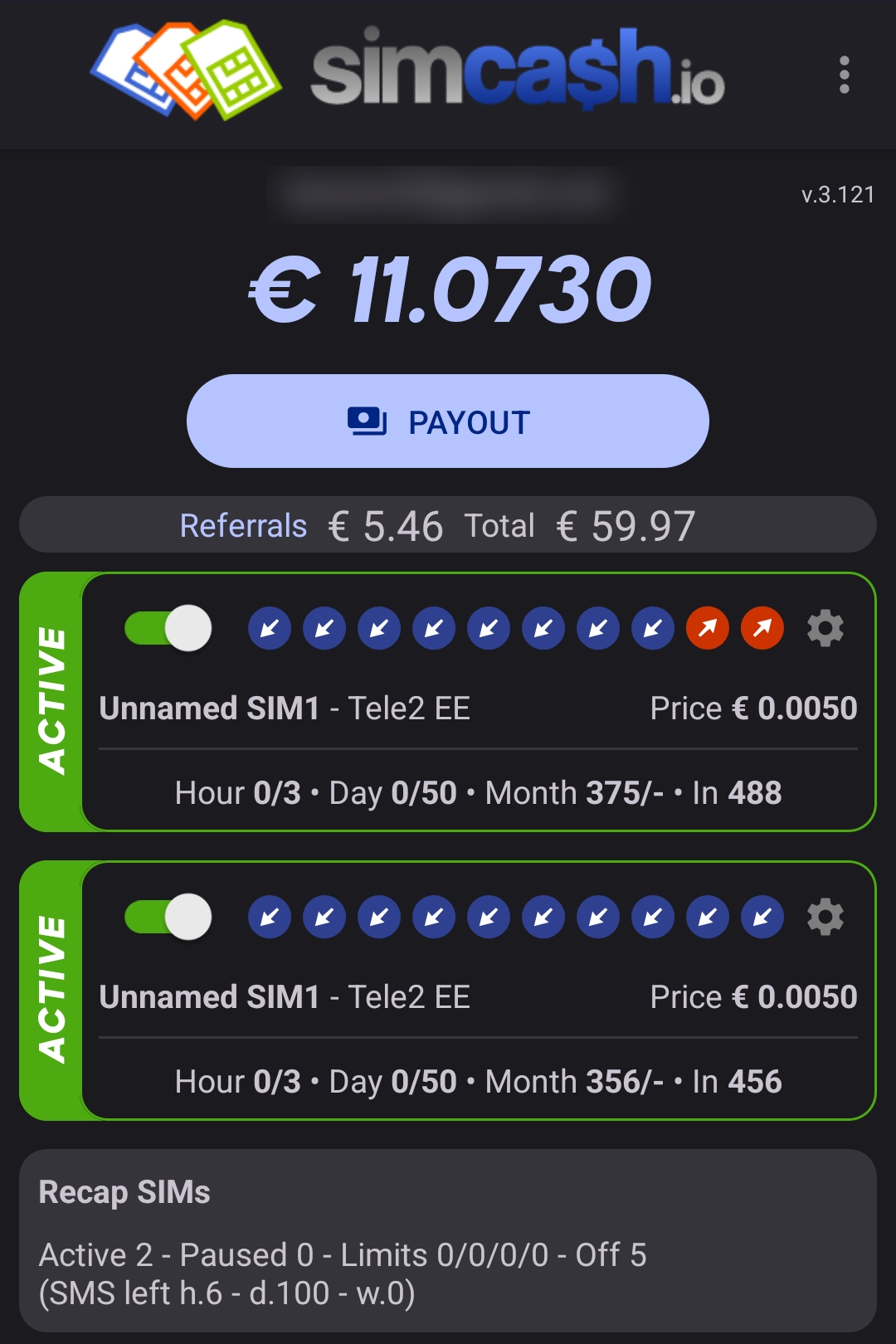 SimCash main screen: balance 11.07 euro, total earned 59.97 euro, two active SIMs