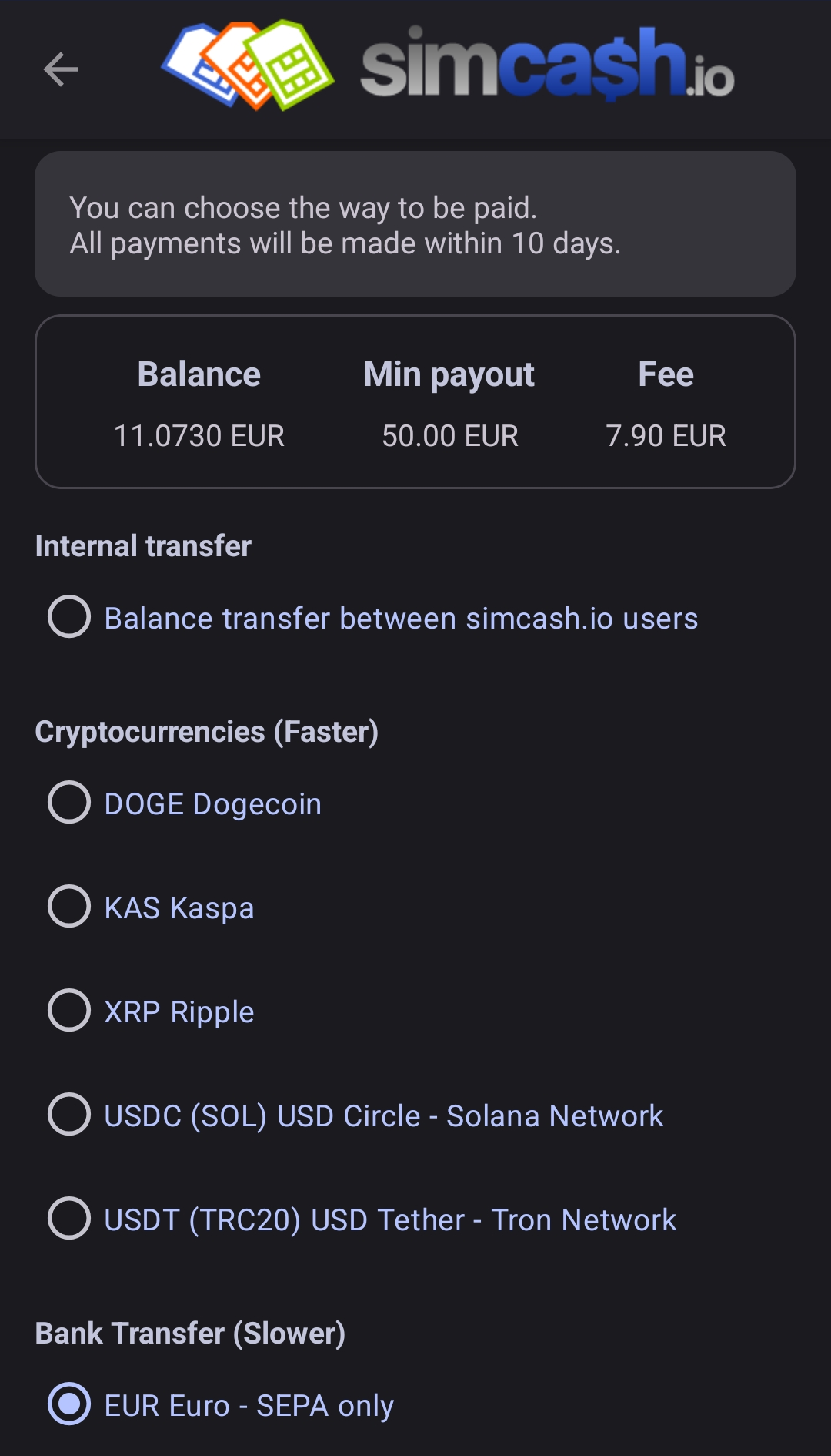 SimCash payout screen: internal transfer, DOGE, KAS, XRP, USDC, USDT and SEPA