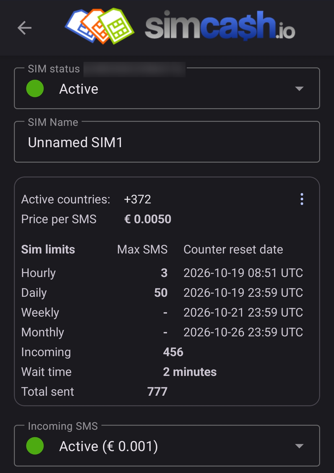 SimCash SIM settings: price 0.005 euro, limits 3 per hour and 50 per day, paid incoming SMS