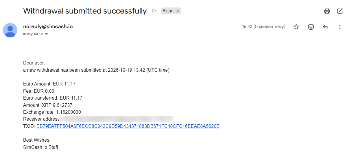 SimCash e-mail about sending 9.61 XRP with a 0 euro fee and the transaction ID