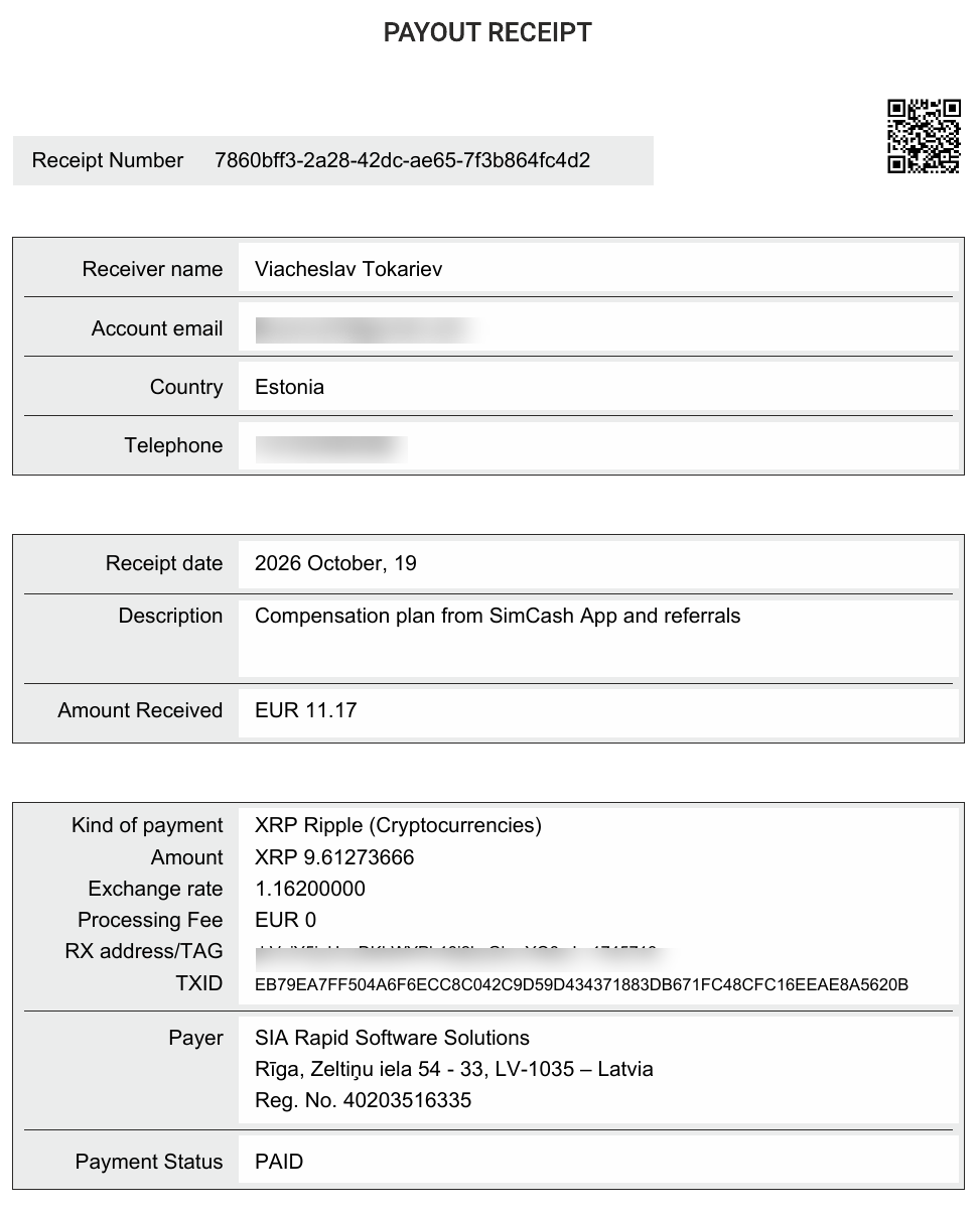 SimCash payout receipt: payer SIA Rapid Software Solutions, status PAID