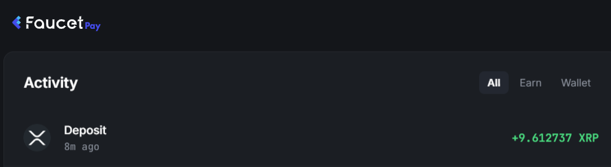 Deposit of 9.612737 XRP in a FaucetPay wallet